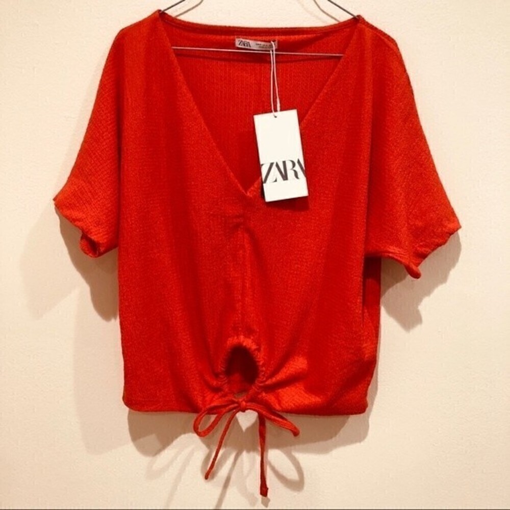 ZARA V-Neck Shirt Orange Short Sleeve NWT - Picture 3 of 5